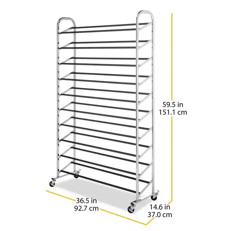 10-Tier Freestanding Rolling Shoe Rack – Holds Up to 50 Pairs, Chrome Finish