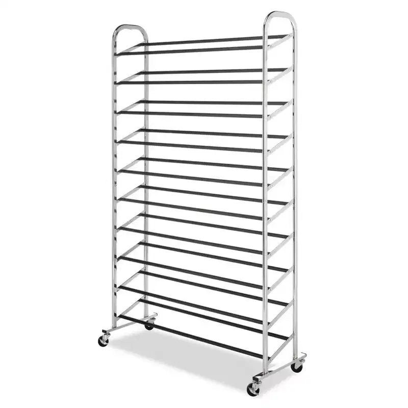 10-Tier Freestanding Rolling Shoe Rack – Holds Up to 50 Pairs, Chrome Finish