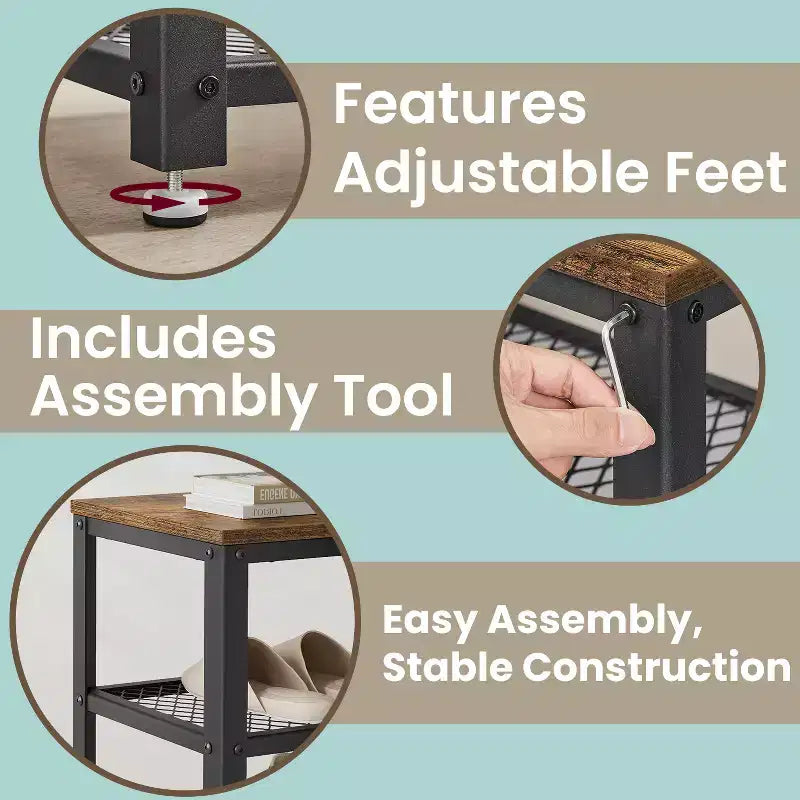 3-Tier Shoe Rack Bench with Metal Mesh Shelves