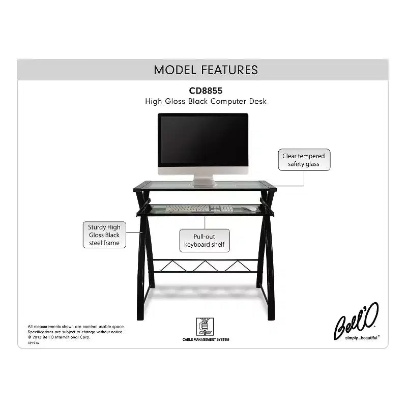Computer Desk with Tempered Glass Top and Steel Frame