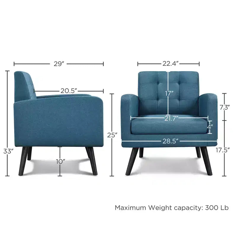 Set of 2 Mid-Century Tufted Accent Arm Chairs with Rubberwood Legs