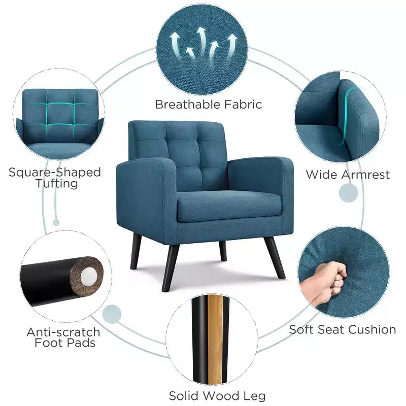 Set of 2 Mid-Century Tufted Accent Arm Chairs with Rubberwood Legs