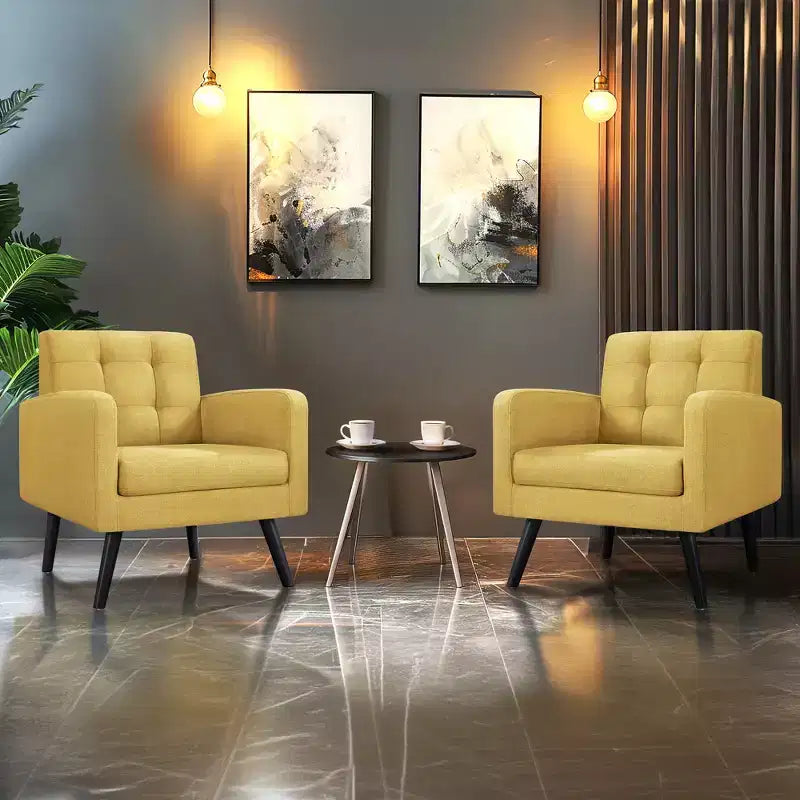 Set of 2 Mid-Century Tufted Accent Arm Chairs with Rubberwood Legs