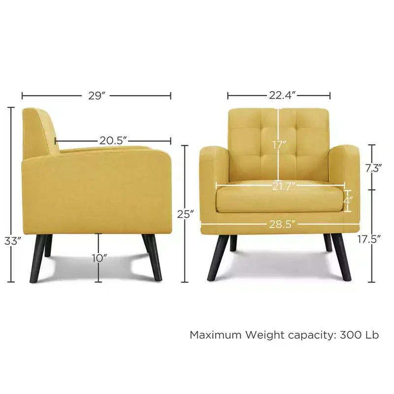 Set of 2 Mid-Century Tufted Accent Arm Chairs with Rubberwood Legs