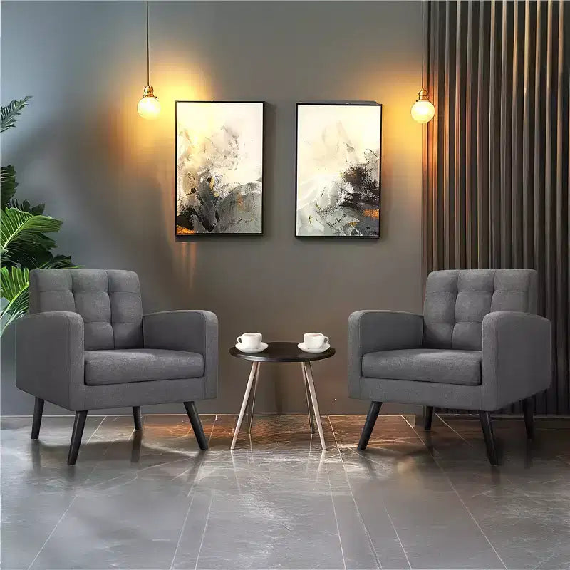 Set of 2 Mid-Century Tufted Accent Arm Chairs with Rubberwood Legs