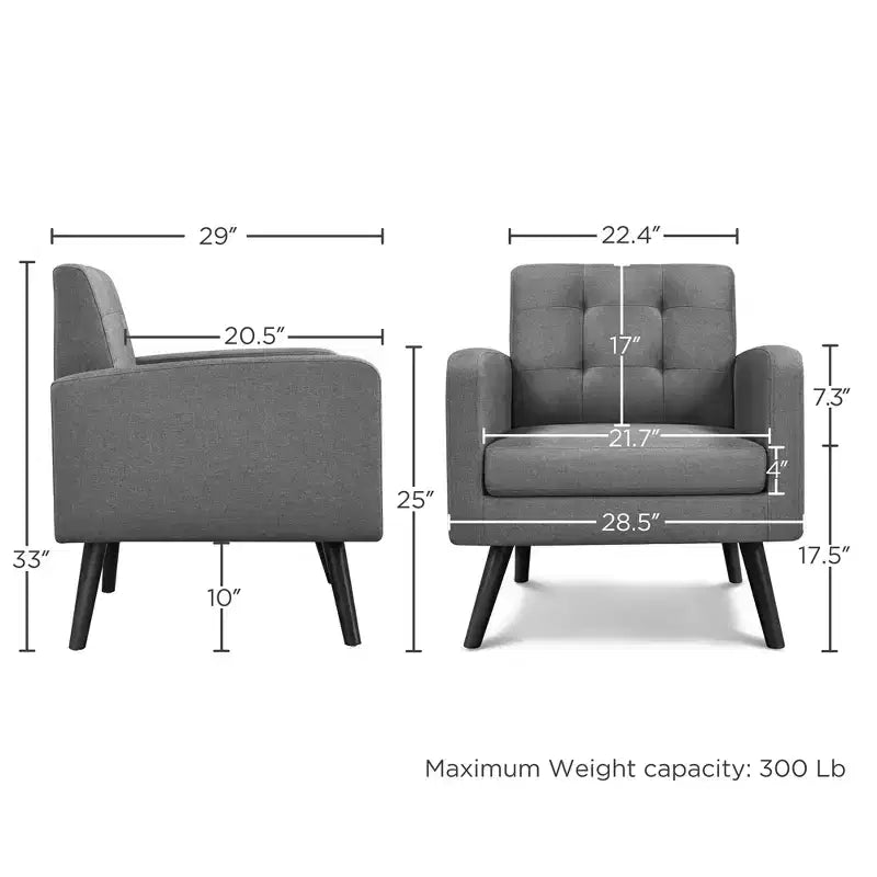 Set of 2 Mid-Century Tufted Accent Arm Chairs with Rubberwood Legs