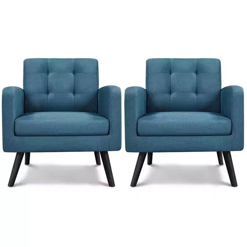 Set of 2 Mid-Century Tufted Accent Arm Chairs with Rubberwood Legs