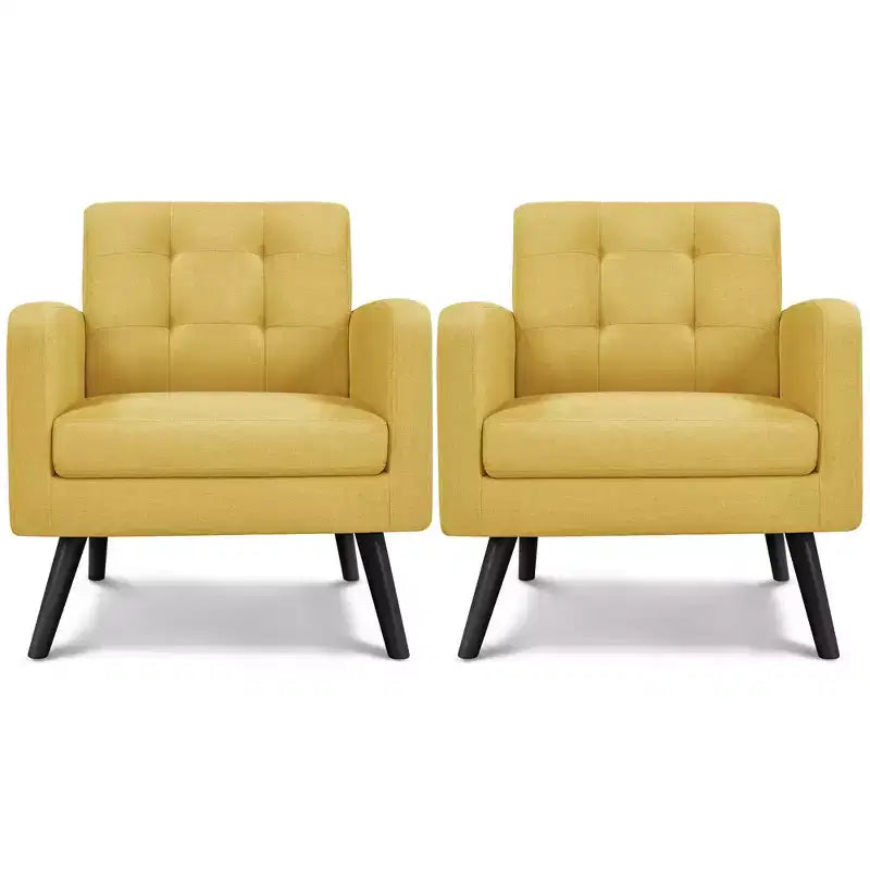 Set of 2 Mid-Century Tufted Accent Arm Chairs with Rubberwood Legs