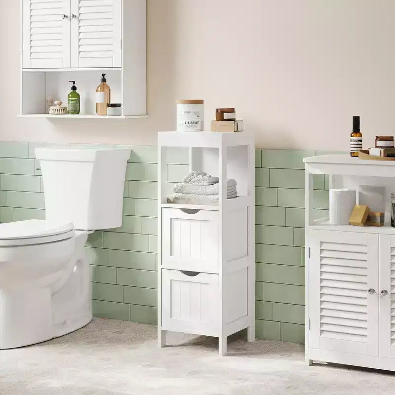Slim Bathroom Floor Cabinet with 2 Drawers and Open Shelf - White