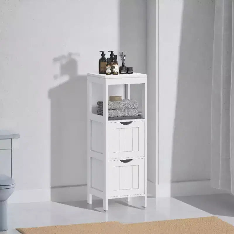 Slim Bathroom Floor Cabinet with 2 Drawers and Open Shelf - White