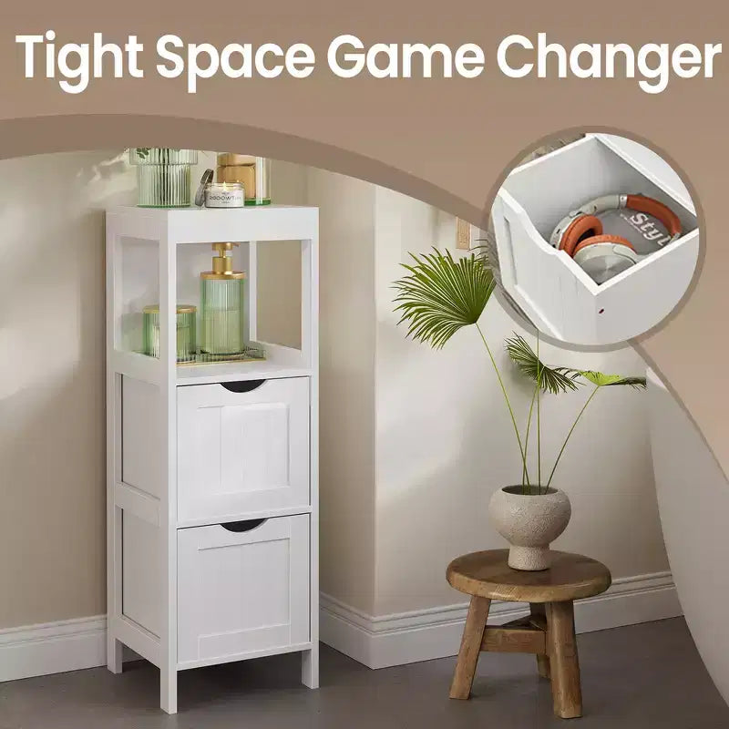 Slim Bathroom Floor Cabinet with 2 Drawers and Open Shelf - White
