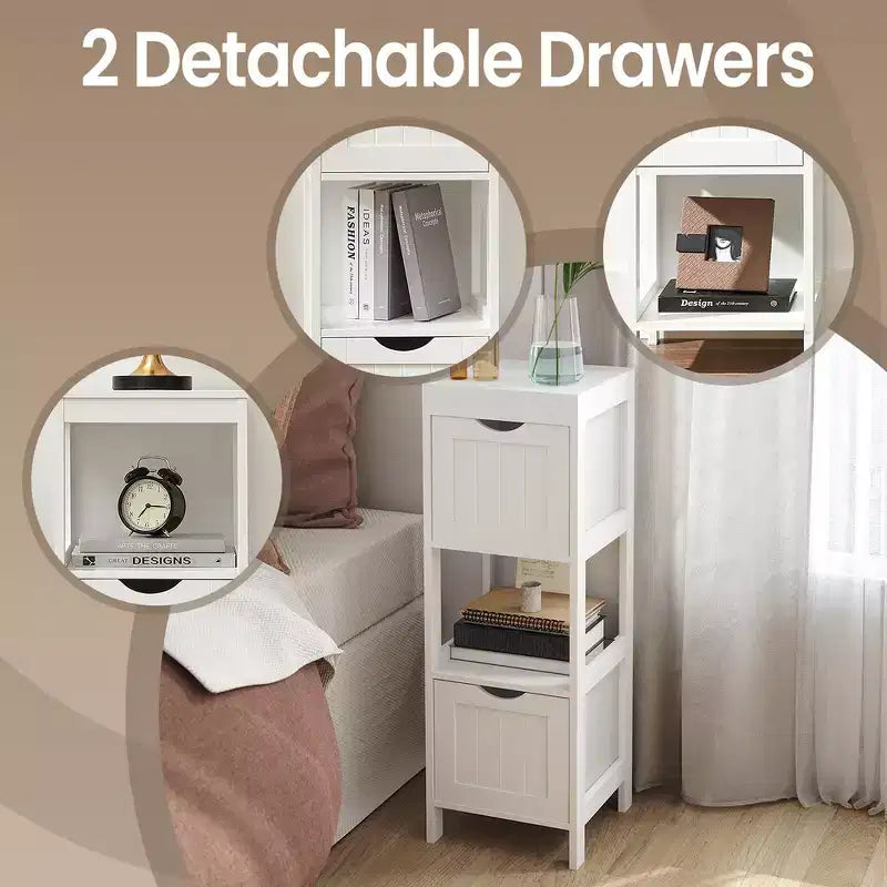Slim Bathroom Floor Cabinet with 2 Drawers and Open Shelf - White
