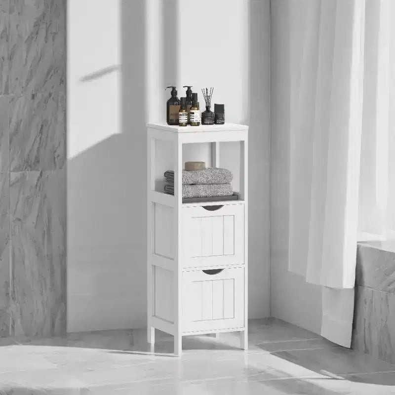 Slim Bathroom Floor Cabinet with 2 Drawers and Open Shelf - White