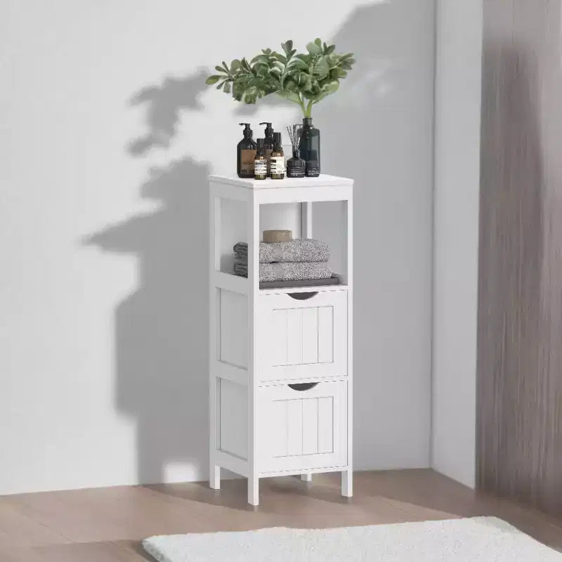 Slim Bathroom Floor Cabinet with 2 Drawers and Open Shelf - White