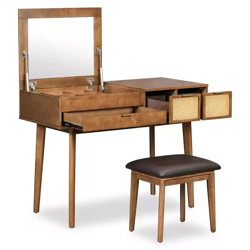 43" Makeup Vanity Table Set with Cushioned Stool, Flip-Top Mirror, 3 Drawers and Storage Compartment, White/Brown