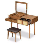 Coiffeuse de 109 cm avec tabouret rembourré, miroir rabattable, 3 tiroirs et compartiment de rangement, blanc/marron