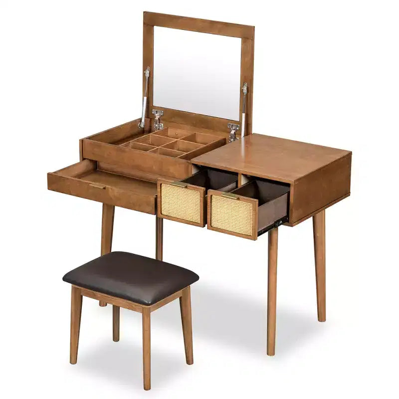 43" Makeup Vanity Table Set with Cushioned Stool, Flip-Top Mirror, 3 Drawers and Storage Compartment, White/Brown