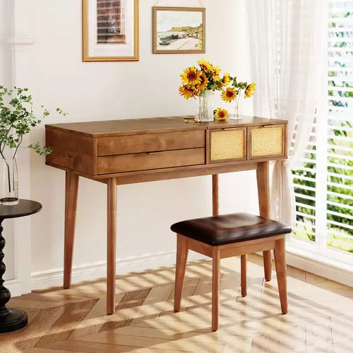 43" Makeup Vanity Table Set with Cushioned Stool, Flip-Top Mirror, 3 Drawers and Storage Compartment, White/Brown