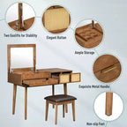 Coiffeuse de 109 cm avec tabouret rembourré, miroir rabattable, 3 tiroirs et compartiment de rangement, blanc/marron
