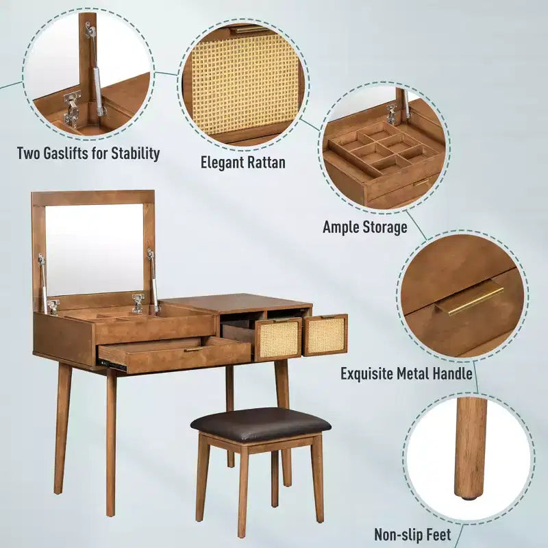 43" Makeup Vanity Table Set with Cushioned Stool, Flip-Top Mirror, 3 Drawers and Storage Compartment, White/Brown