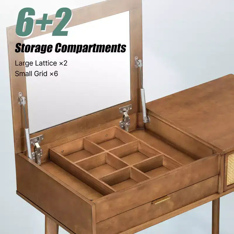 43" Makeup Vanity Table Set with Cushioned Stool, Flip-Top Mirror, 3 Drawers and Storage Compartment, White/Brown