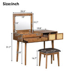 Coiffeuse de 109 cm avec tabouret rembourré, miroir rabattable, 3 tiroirs et compartiment de rangement, blanc/marron