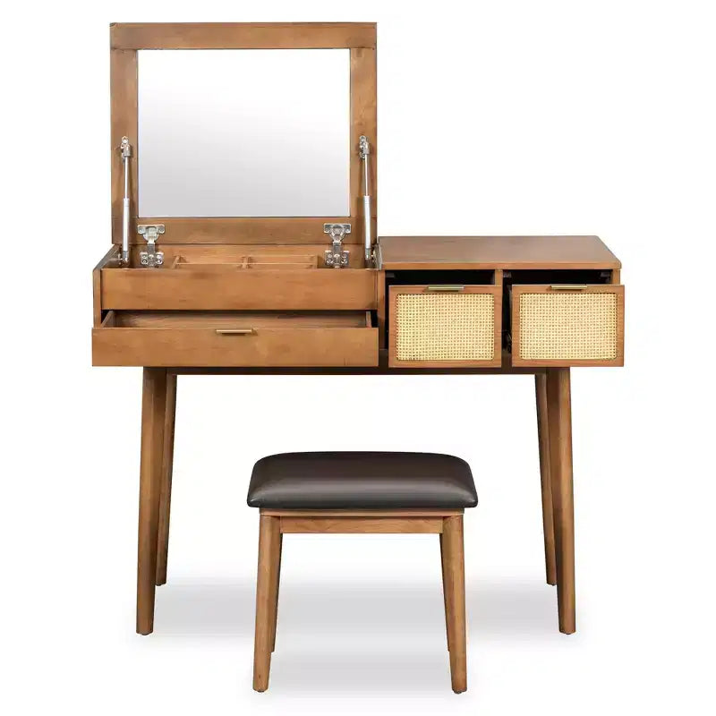 43" Makeup Vanity Table Set with Cushioned Stool, Flip-Top Mirror, 3 Drawers and Storage Compartment, White/Brown