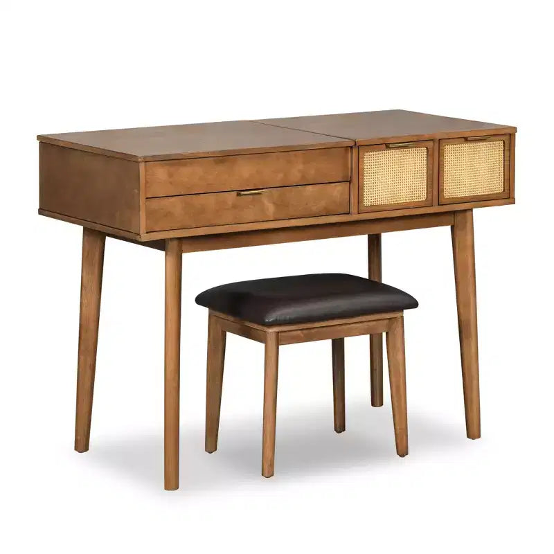 43" Makeup Vanity Table Set with Cushioned Stool, Flip-Top Mirror, 3 Drawers and Storage Compartment, White/Brown