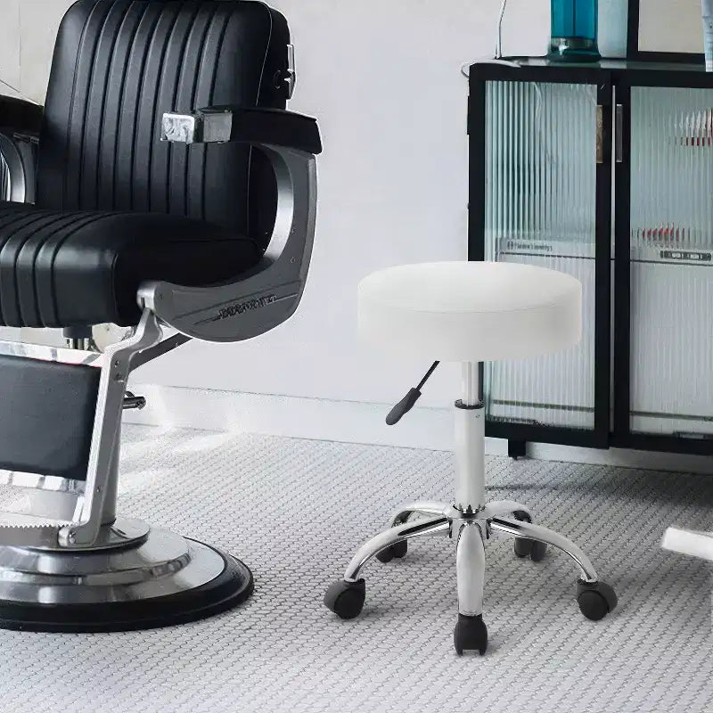 Tabouret roulant rond de salon polyvalent, réglable en hauteur, avec coussin de siège en cuir PU