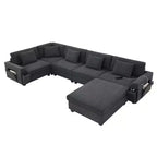 Canapé d'angle en U en chenille avec pouf surdimensionné, rangements dans les accoudoirs, porte-gobelets et ports de chargement USB