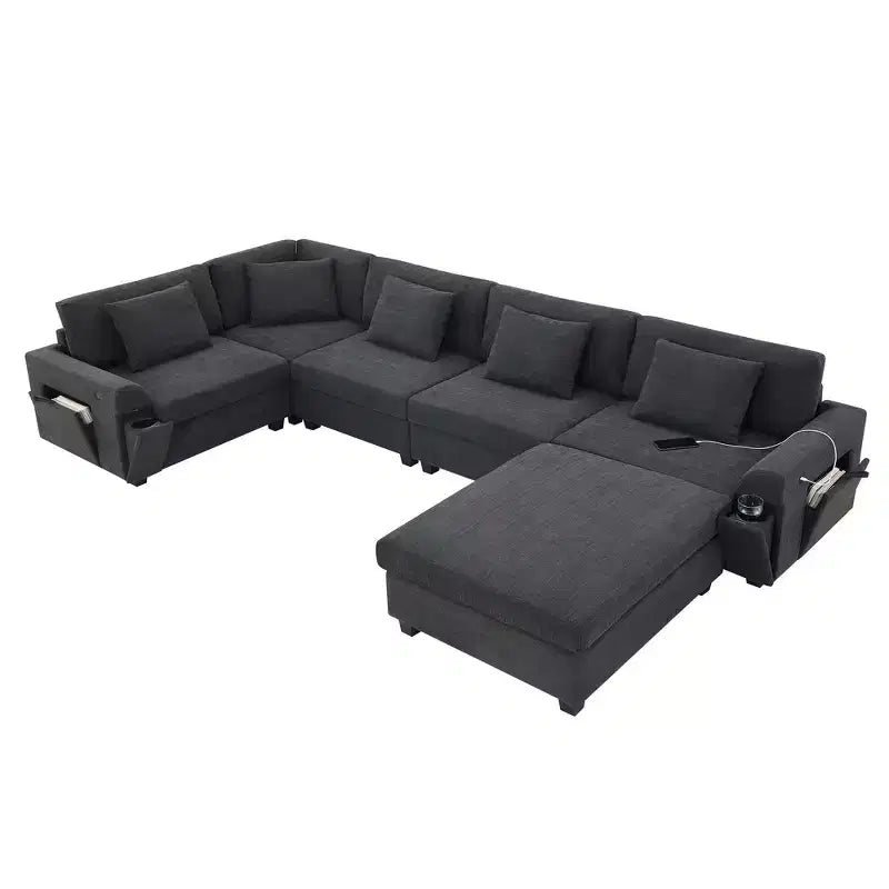Chenille U-Shaped Sectional Sofa with Oversized Ottoman, Armrest Storage, Cup Holders and USB Charging Ports