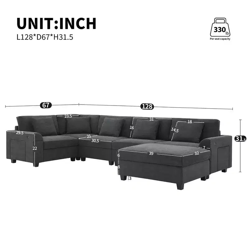 Chenille U-Shaped Sectional Sofa with Oversized Ottoman, Armrest Storage, Cup Holders and USB Charging Ports