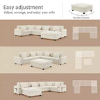 Canapé d'angle en U en chenille avec pouf surdimensionné, rangements dans les accoudoirs, porte-gobelets et ports de chargement USB