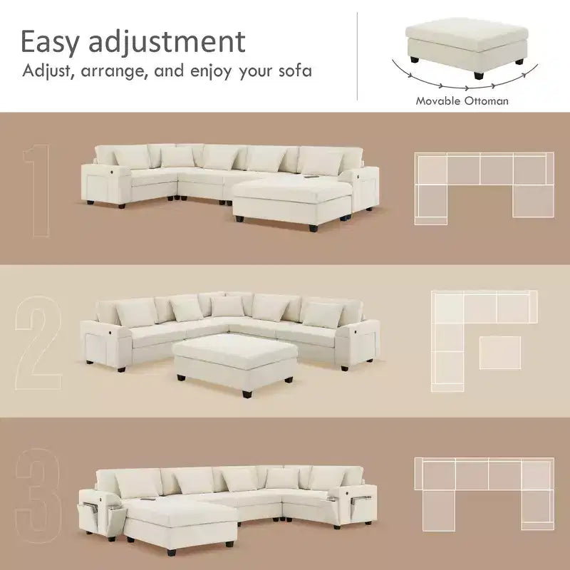 Chenille U-Shaped Sectional Sofa with Oversized Ottoman, Armrest Storage, Cup Holders and USB Charging Ports