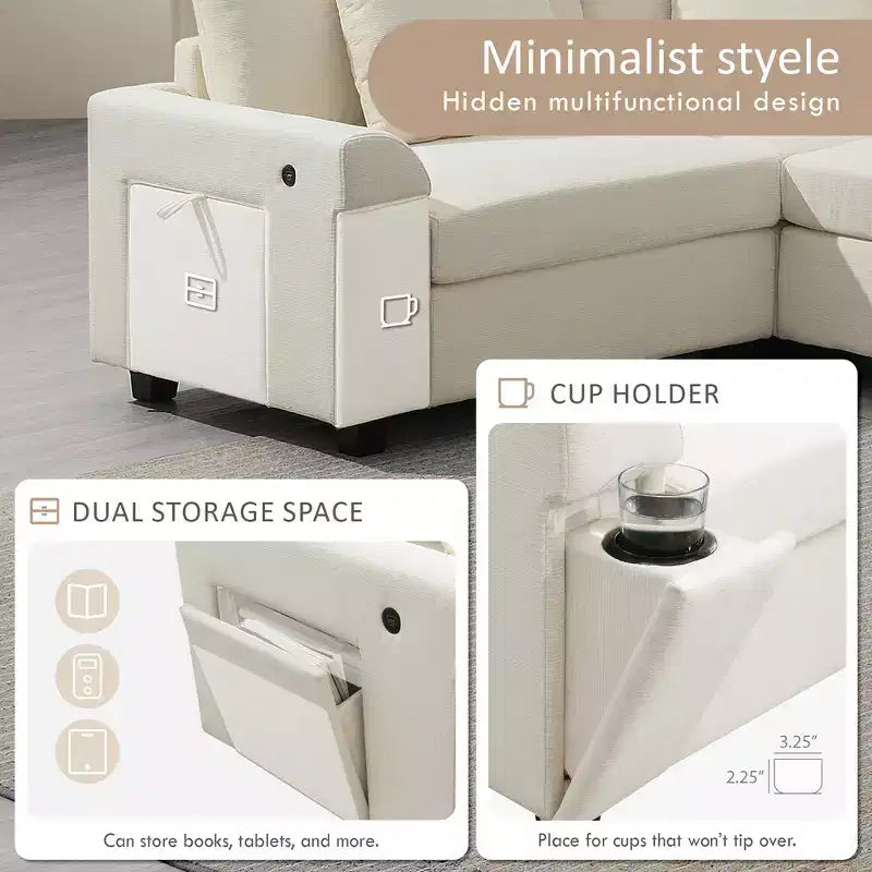 Chenille U-Shaped Sectional Sofa with Oversized Ottoman, Armrest Storage, Cup Holders and USB Charging Ports