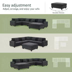 Canapé d'angle en U en chenille avec pouf surdimensionné, rangements dans les accoudoirs, porte-gobelets et ports de chargement USB