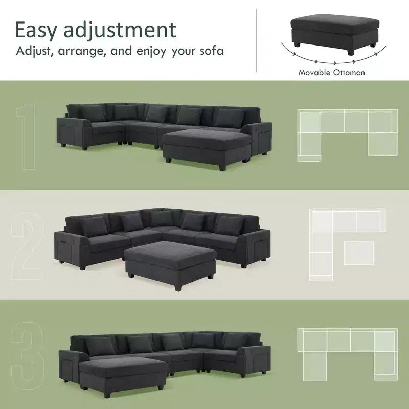 Chenille U-Shaped Sectional Sofa with Oversized Ottoman, Armrest Storage, Cup Holders and USB Charging Ports
