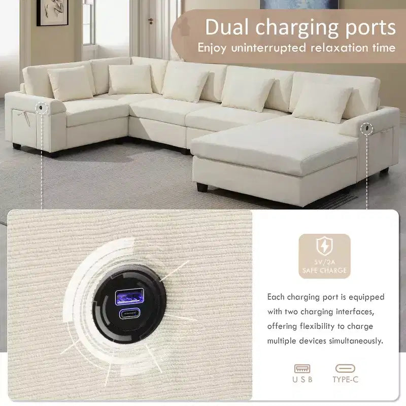Chenille U-Shaped Sectional Sofa with Oversized Ottoman, Armrest Storage, Cup Holders and USB Charging Ports
