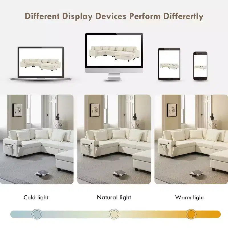 Chenille U-Shaped Sectional Sofa with Oversized Ottoman, Armrest Storage, Cup Holders and USB Charging Ports