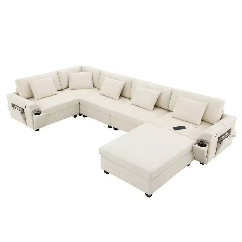 Chenille U-Shaped Sectional Sofa with Oversized Ottoman, Armrest Storage, Cup Holders and USB Charging Ports