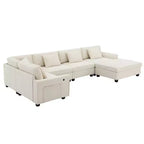 Canapé d'angle en U en chenille avec pouf surdimensionné, rangements dans les accoudoirs, porte-gobelets et ports de chargement USB