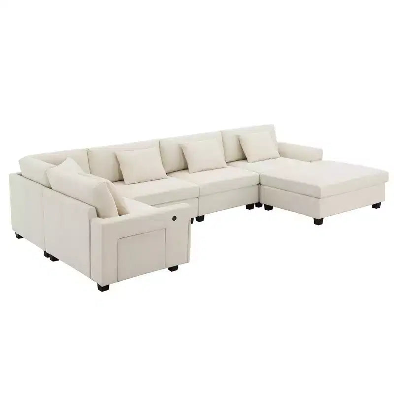 Chenille U-Shaped Sectional Sofa with Oversized Ottoman, Armrest Storage, Cup Holders and USB Charging Ports