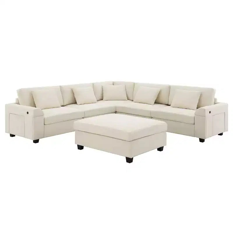 Chenille U-Shaped Sectional Sofa with Oversized Ottoman, Armrest Storage, Cup Holders and USB Charging Ports