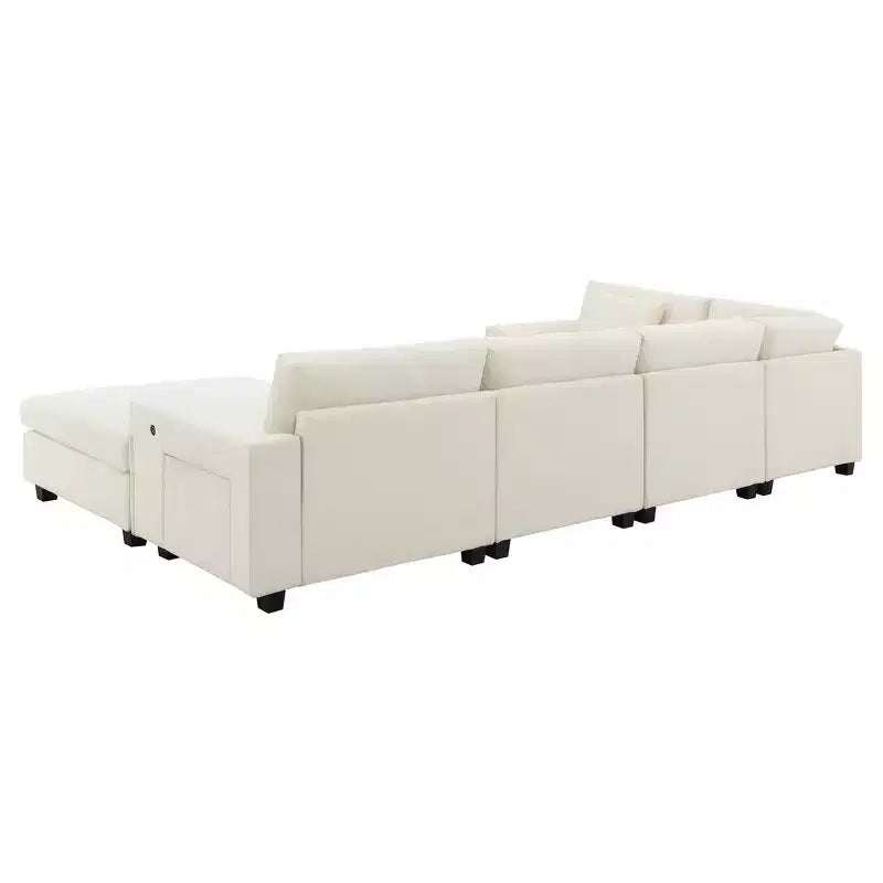 Chenille U-Shaped Sectional Sofa with Oversized Ottoman, Armrest Storage, Cup Holders and USB Charging Ports