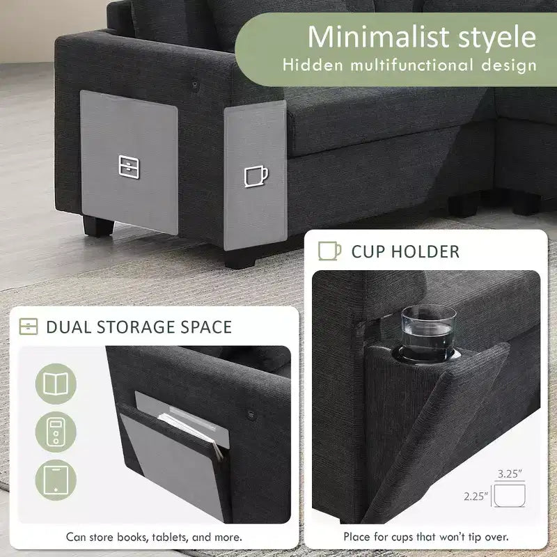 Chenille U-Shaped Sectional Sofa with Oversized Ottoman, Armrest Storage, Cup Holders and USB Charging Ports