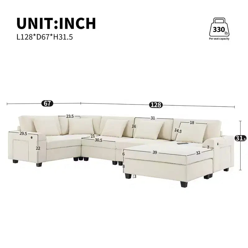 Chenille U-Shaped Sectional Sofa with Oversized Ottoman, Armrest Storage, Cup Holders and USB Charging Ports