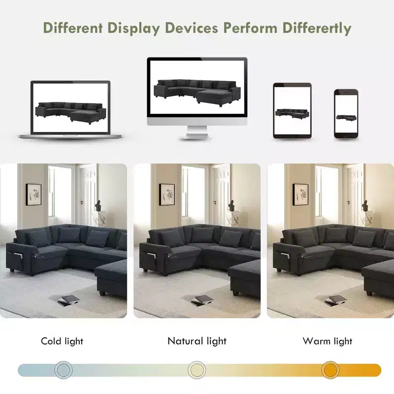 Chenille U-Shaped Sectional Sofa with Oversized Ottoman, Armrest Storage, Cup Holders and USB Charging Ports