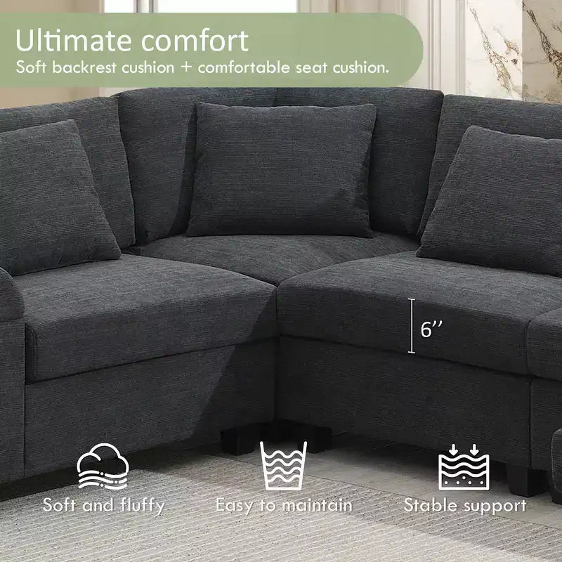 Chenille U-Shaped Sectional Sofa with Oversized Ottoman, Armrest Storage, Cup Holders and USB Charging Ports