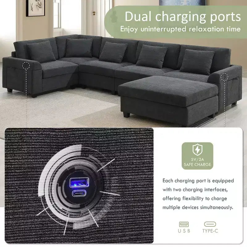 Chenille U-Shaped Sectional Sofa with Oversized Ottoman, Armrest Storage, Cup Holders and USB Charging Ports