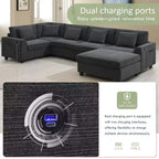 Canapé d'angle en U en chenille avec pouf surdimensionné, rangements dans les accoudoirs, porte-gobelets et ports de chargement USB